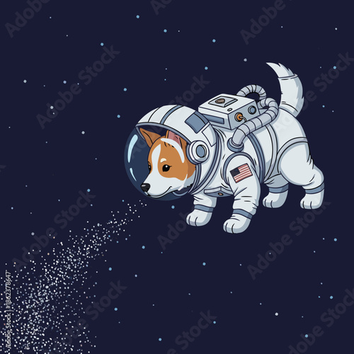 Astronaut dog sniffing star dust in outer space, vector 