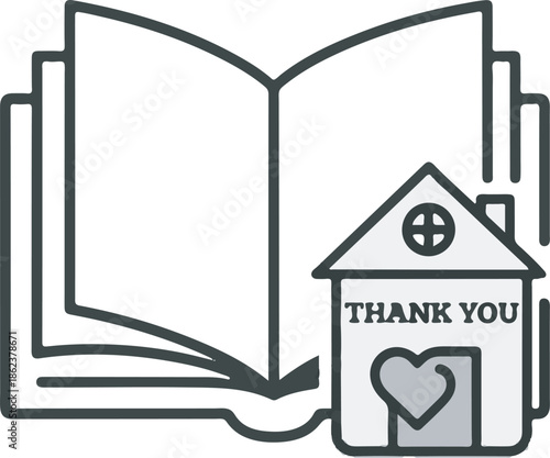 An illustration of a house with a heart and the words 'THANK YOU' is placed next to a large open book.