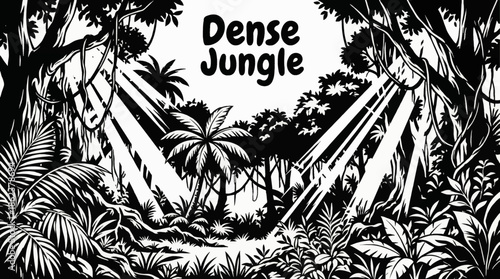 Sun rays filter through dense jungle foliage, creating layered depth, mystery, and natural energy in a visually striking tropical landscape scene