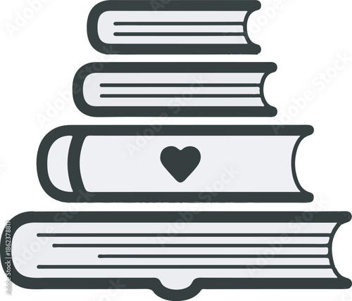 A stack of books with one book featuring a heart on its spine is arranged neatly on a surface