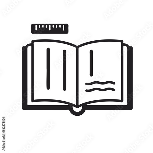 An open book with a ruler on top is lying on a desk in a quiet library environment.