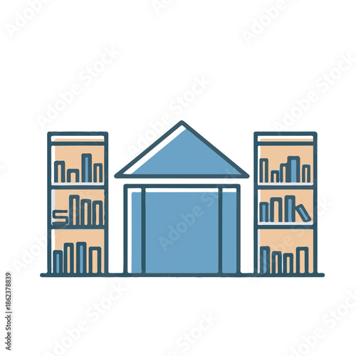 An illustration of a building with a triangular roof surrounded by two bookshelves filled with books.