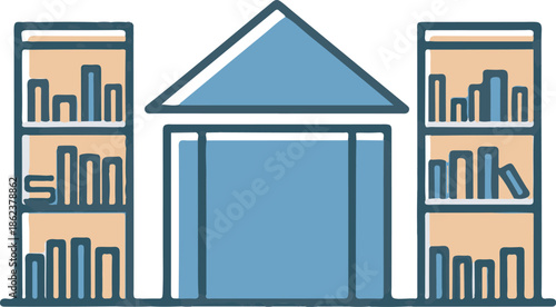 An illustration of a building with bookshelves on either side containing various books.