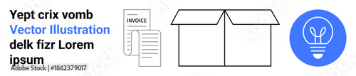 Business management, shipping, creativity, documentation, organization, e-commerce. Includes invoice paper, open box and light bulb icon. Business management and shipping concept
