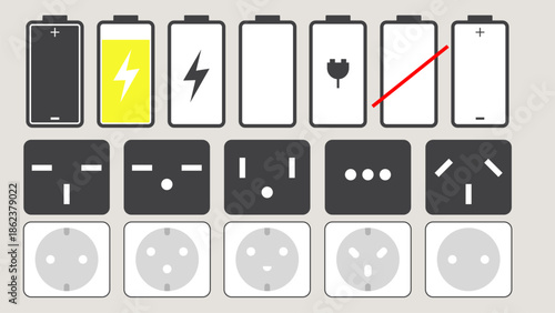 Battery charge indicator icon and electrical plugs