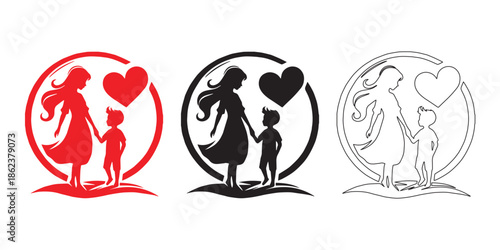 Mother and Son Holding Hands Silhouette with Heart – Vector Illustration Set