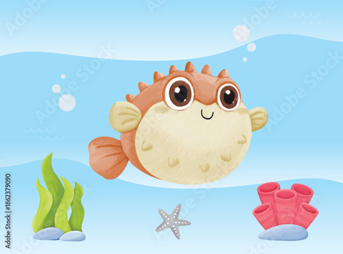 Cute animal fish pufferfish watercolor