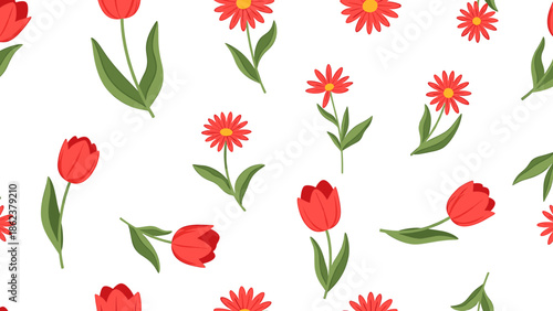 A seamless pattern of red tulips and daisy-like flowers with green leaves scattered on a white background.