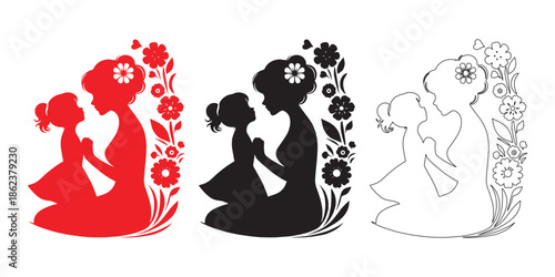 Mother and Daughter Silhouette with Floral Design – Vector Illustration Set