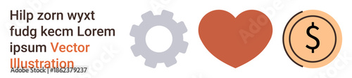 Business, passion, finance, teamwork, goal setting, productivity. Graphic with gear, heart and dollar coin symbols. Business and passion concepts illustrated with clear minimalist icons