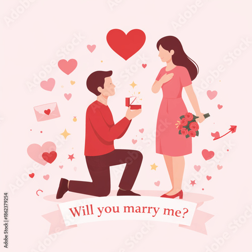 Valentine’s Day Romantic Marriage Proposal Illustration with Hearts and Banner Typography
