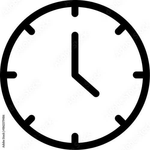 Simple black and white outline icon of a clock showing time.