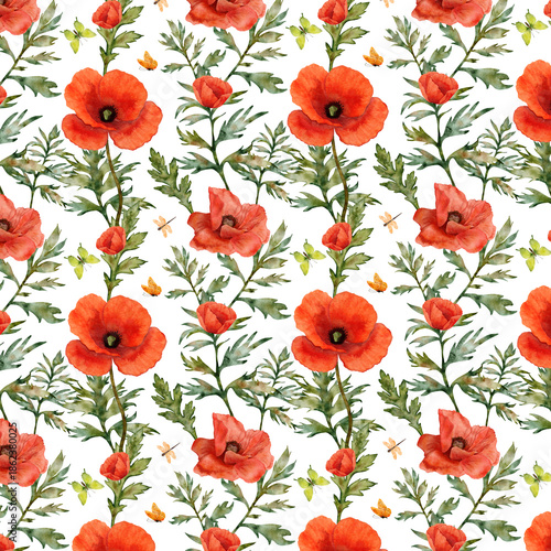 Watercolor seamless pattern with large red blooming poppies, butterflies and dragonflies on white