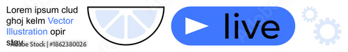 Live streaming, media production, online video, broadcasting, technology tools, digital platforms. Blue button with play symbol, gear icons. Live streaming and media platform concept