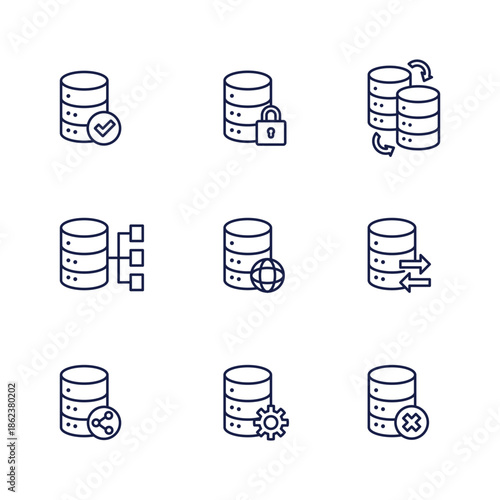 Database icon set. Data storage flat style outline icon illustration collection containing data protection, setting, sharing, transfer, global, restore, management, connection.