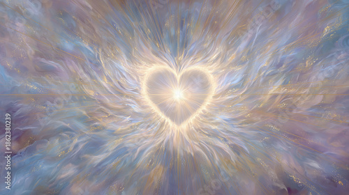 A radiant white heart sits at the center of a flowing abstract background with soft pastel tones and rays of energy. Love, harmony, and inner light. Abstract fractal background