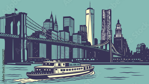 New york skyline with ferry and cityscape. Perfect for travel websites, tourism ads, brochures, and citythemed designs. Ideal for cityscape enthusiasts.