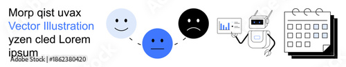 Data analysis, AI research, emotional intelligence, workflow planning, business operations, productivity tracking. happy faces, robot displaying chart calendar icon. Emotional intelligence and AI