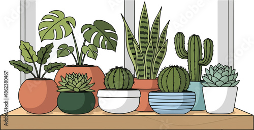 Woman holding a watering can surrounded by various plants on a shelf indoors