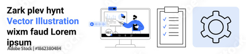 Person presenting data on a computer screen with progress charts, checklist, and gear icon. Ideal for data analytics, workflow, productivity, planning, management, optimization simple landing page
