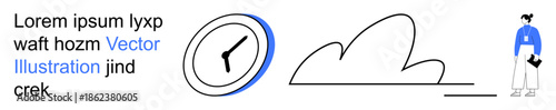 Time management, productivity, design elements, minimalism, abstract art, corporate materials. A clock symbol, cloud shape text and a person with a bag. Time management and productivity concepts