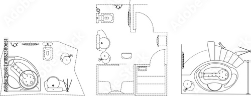 Technical vector set of bathroom floor plans. Minimalist line art layouts featuring bathtubs, toilets, and sinks for architectural design projects.