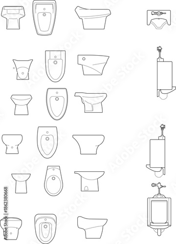 Vector line art set of modern urinals and bidets. Features various minimalist designs and perspectives for bathroom interior and plumbing projects.