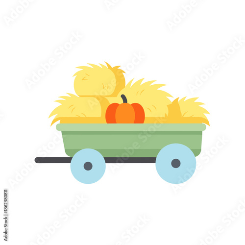 Hay wagon filled with straw and pumpkin in flat design style  