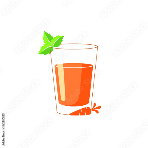 Glass of carrot juice with fresh carrot and green leaf garnish  