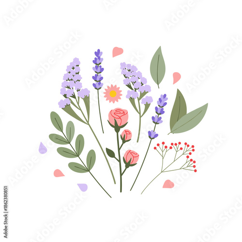 Dried flowers arrangement with lavender, roses, and leaves on white background  