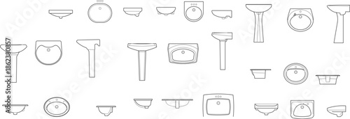 Vector set of bathroom sinks and washbasins in minimalist line art. Various perspectives for interior design and architectural planning projects.