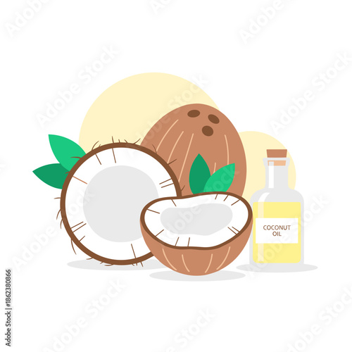 Coconut halves and whole coconut with coconut oil on light background  