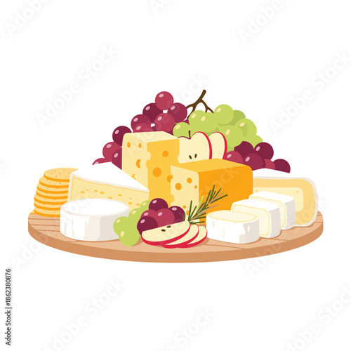 Cheese platter with various cheeses and fresh fruits on wooden board  