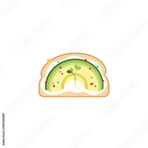 Avocado toast slice with colorful toppings on white background  