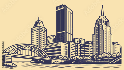 Pittsburgh skyline and bridge reflect in serene water ideal for travel brochures, city guides, website banners, and social media posts.