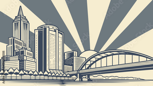 Pittsburgh skyline cityscape features sun rays highlighting iconic buildings and bridges, perfect for travel brochures or website headers.