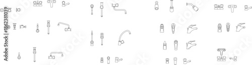 Large vector set of water faucet and tap icons in minimalist line art style. Features various bathroom and kitchen plumbing fixtures in multiple perspectives.