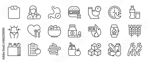 Nutrition thin line icons. Editable stroke. Icon for design infographic, website, banner, brochure, presentation, logo, app, ui, ux etc. Vector illustration