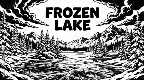 frozen lake surrounded by snow-covered pine trees creates a serene winter landscape, ideal for seasonal content, calm moods, and premium nature collections