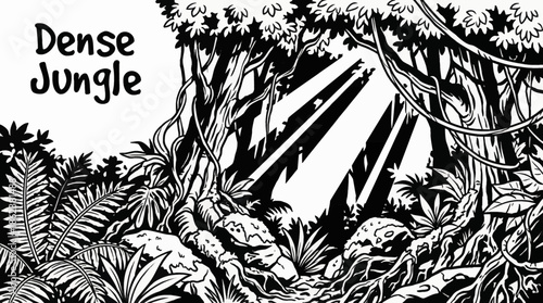 Sun rays filter through dense jungle foliage, creating layered depth, mystery, and natural energy in a visually striking tropical landscape scene