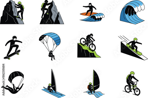 Extreme Sports Vector Icons Set: Climbing, Surfing, Biking, Skydiving, Snowboarding & More Adventure Activities