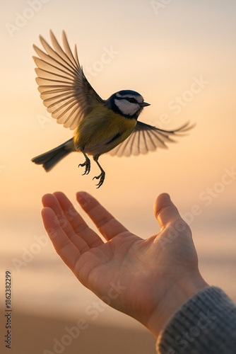 Bird Flying Out of an Open Hand at Sunrise