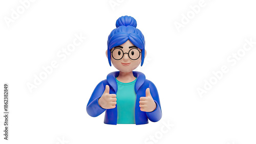 3D Cartoon Character with Blue Hair Giving Thumbs Up