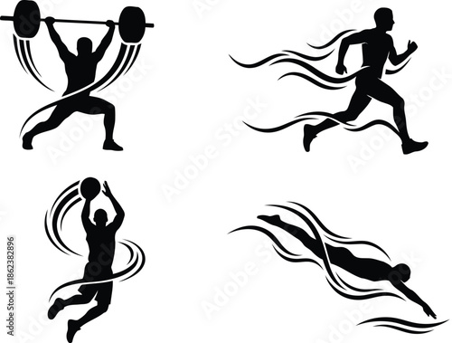 Dynamic Sports Athlete Silhouettes: Fitness Training Icons - Weightlifting, Running, Basketball, Swimming Vector Pack