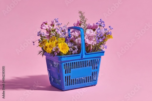 Blue basket overflowing with colorful blossoms against a pink backdrop, studio shot