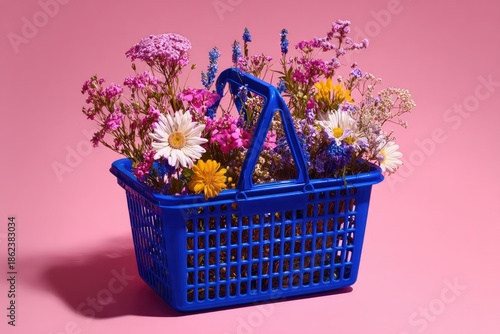 Blue basket overflowing with colorful blossoms, set against a pink backdrop