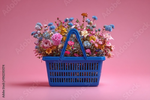 Blue basket overflowing with colorful flowers against pink background