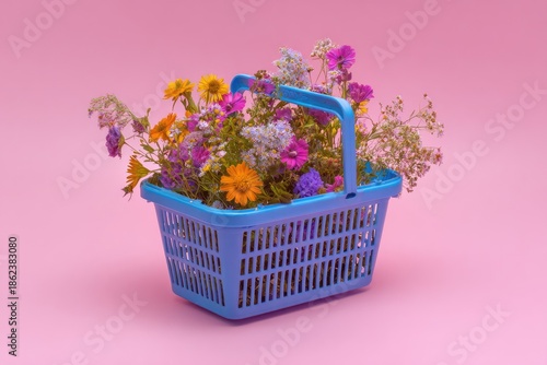 Blue basket overflowing with colorful mixed flowers against a pink background