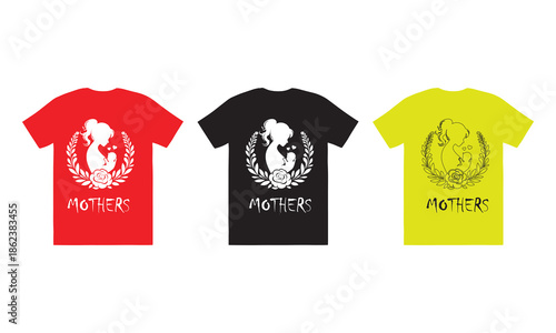Mother and Baby T-Shirt Design – Silhouette with Floral Wreath (Red, Black, Yellow Variants)