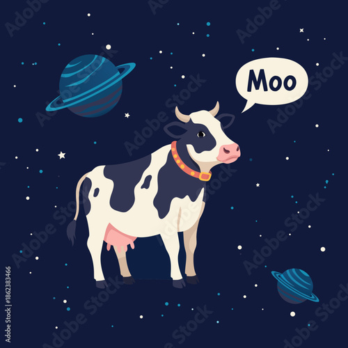 Space cow standing in outer space with planets and saying "Moo", vector  